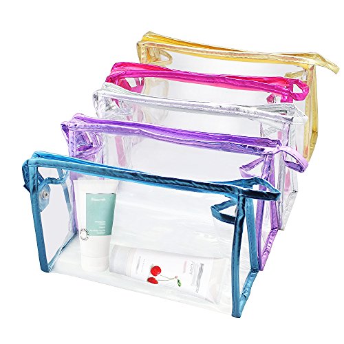 Product Cover Meetory 5 Pcs Transparent Waterproof Cosmetic Bag,PVC Clear Vinyl Zippered Makeup Pouch Vacation, Bathroom and Organizing Bag Travel Set