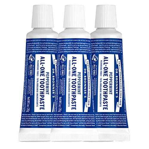 Product Cover Dr. Bronner's - All-One Toothpaste (Peppermint, 1 ounce, 3-Pack) - 70% Organic Ingredients, Natural and Effective, Fluoride-Free, SLS-Free, Helps Freshen Breath, Reduce Plaque, Whiten Teeth, Vegan
