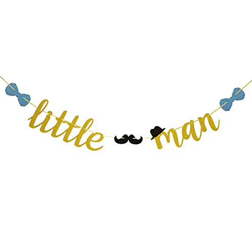 Product Cover Wulagogo Little Man Gold Glitter Banner Sign with Mustache Bowtie Hat for Baby Shower Supplies Decorations