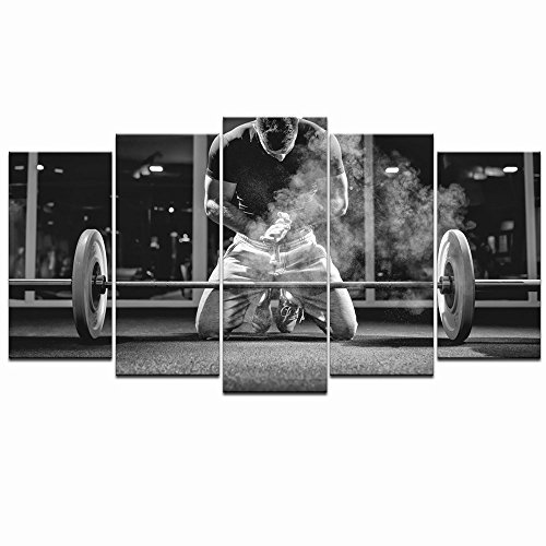 Product Cover LevvArts - 5 Piece Black and White Canvas Wall Art Weightlifting Pictures Sportsman Muscular Weightlifter Paintings on Canvas Framed and Stretched for Gym Decorations Home Decor Ready to Hang