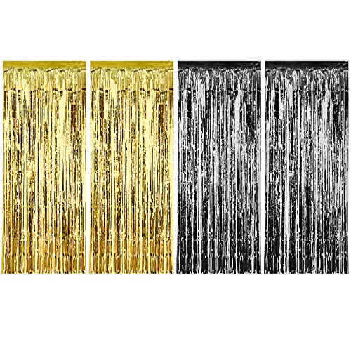Product Cover Sumind 4 Pack Foil Curtains Metallic Fringe Curtains Shimmer Curtain for Birthday Wedding Party Christmas Decorations (Gold and Black)