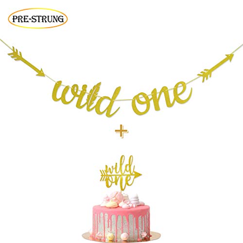 Product Cover Wulagogo Wild One Gold Glitter Banner Sign with Wild One Cake Topper for Wild One Boho Tribal Themed First Birthday Party