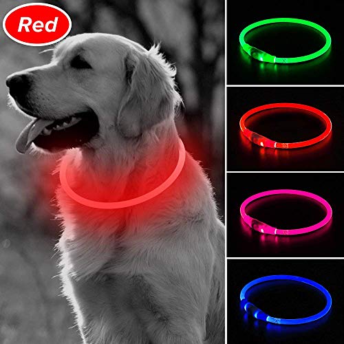 Product Cover BSEEN LED Dog Collar, USB Rechargeable Glowing Pet Collar, TPU Cuttable Dog Necklace Safety Light for Small Medium Large Dogs (Red)
