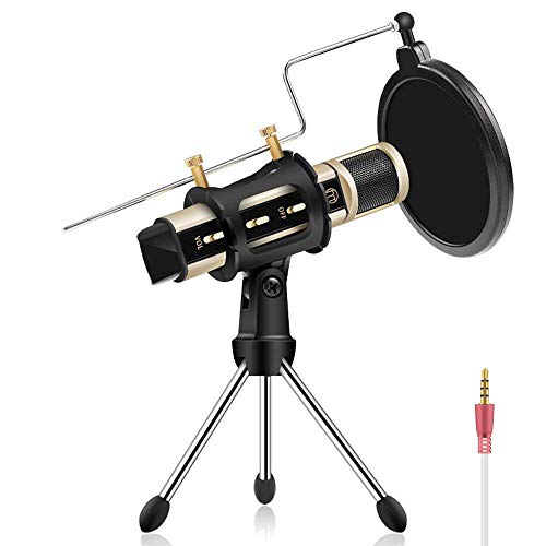 Product Cover Studio Recording Microphone, ZealSound Condenser Broadcast Microphone w/Stand Built-in Sound Card Echo Recording Karaoke Singing for Phone Computer PC Garageband Smule Live Stream & Youtube (Gold)