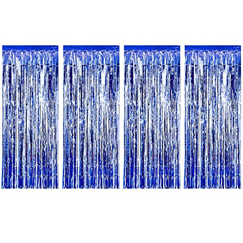 Product Cover Sumind 4 Pack Foil Curtains Metallic Fringe Curtains Shimmer Curtain for Birthday Wedding Party Christmas Decorations (Blue)