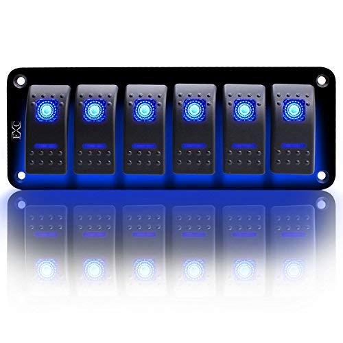 Product Cover FXC Rocker Switch Aluminum Panel 6 Gang Toggle Switches Dash 5 Pin ON/Off 2 LED Backlit for Boat Car Marine Blue
