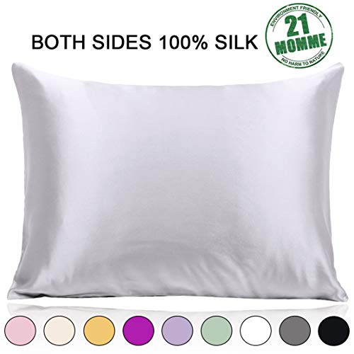 Product Cover 100% Pure Mulberry Silk Pillowcase Standard Size 21 Momme 600 Thread Count for Hair and Skin With Hidden Zipper, Hypoallergenic Soft Breathable Both Sides Silk Pillow Case, 20×26inch, Silver Grey