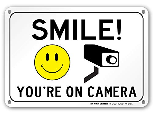 Product Cover Smile You're On Camera Sign, Indoor/Outdoor Rust-Proof and Fade-Resistant .040 Aluminum, Video Surveillance Warning Signs for Home and Business Security Camera/CCTV, 7