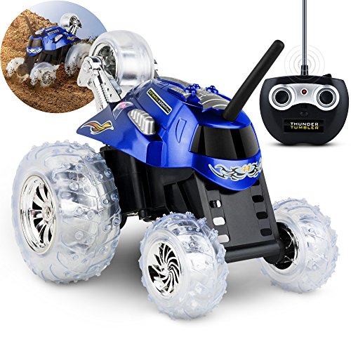 Product Cover SHARPER IMAGE Thunder Tumbler Toy RC Car for Kids, Remote Control Monster Spinning Stunt Mini Truck for Girls and Boys, Racing Flips and Tricks with 5th Wheel, 27 MHz Blue