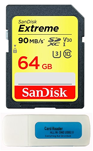 Product Cover SanDisk 64GB Extreme Memory Card works with Canon EOS Rebel SL2, T6, T6i, T5i EF-S, EOS 80D, Powershot Camera SDXC 4K V30 UHS-I (SDSDXVE-064G-GNCIN) with Everything But Stromboli Combo Reader