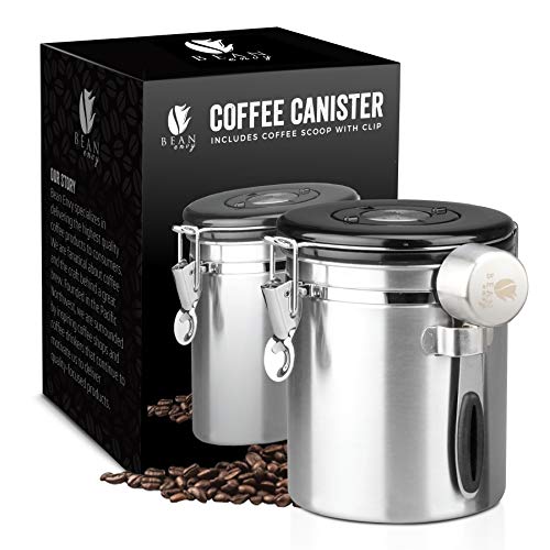 Product Cover Bean Envy Airtight Coffee Canister - 16 oz - Includes Stainless Steel Coffee Scoop - Sealed Container With Cantilever Lid - Co2 Gas Release Wicovalve & Numerical Day/Month Tracker - Stainless