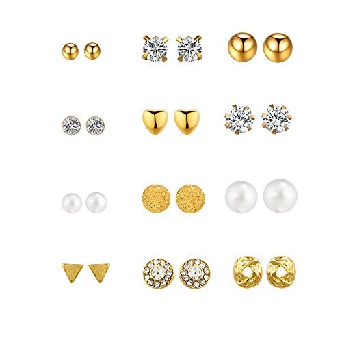 Product Cover Auch 12 Pairs Dainty Crystal Pearl Stud Earrings in One Set, Gold