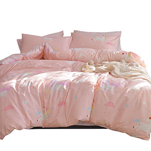 Product Cover OTOB Unicorn Bedding Sets Twin Duvet Cover Girls 100% Cotton Lightweight 3 Pieces with 1 Duvet Cover 2 Pillowcase for Toddler Kids Teen Reversible Child Striped Bed Set, New Cartoon Cloud Print, Twin