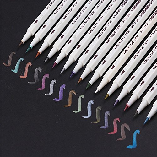 Product Cover WOWENWO Metallic Pens,Set of 15 Assorted Colors,Fine Point Metal Art Brush Tip Markers for Glass Rocks Paint,Rocks,Adult Coloring Books,Black Paper Card Making,DIY Photo Album