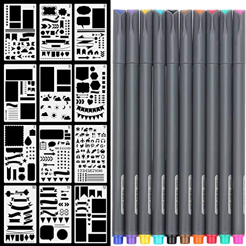 Product Cover Fineliner 10 Colored pens and 4x7 Inch Stencils, Plastic Planner Bullet Journal School Supplies Notebook Diary Scrapbook 12 Pieces DIY Drawing Template