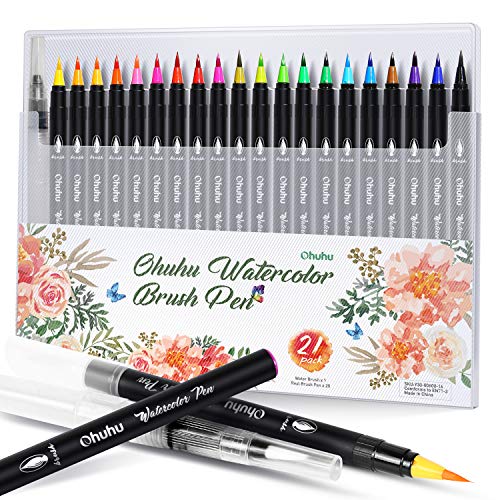 Product Cover Ohuhu Watercolor Brush Markers Pen Set of 20, Water Based Drawing Marker Brushes W/ A Water Coloring Brush, Water Soluble for Adult Coloring Books Manga Comic Calligraphy, Back to School Art Supplies
