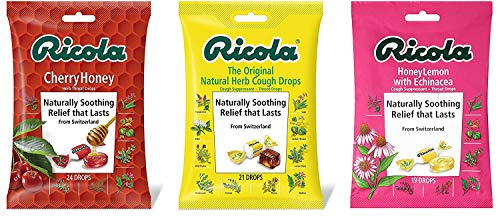 Product Cover Ricola Cough Suppressant and Throat Drops Bundle - Original Natural Herb (21 Drops), Cherry Honey (24 Drops), and Honey Lemon with Echinacea (19 Drops)