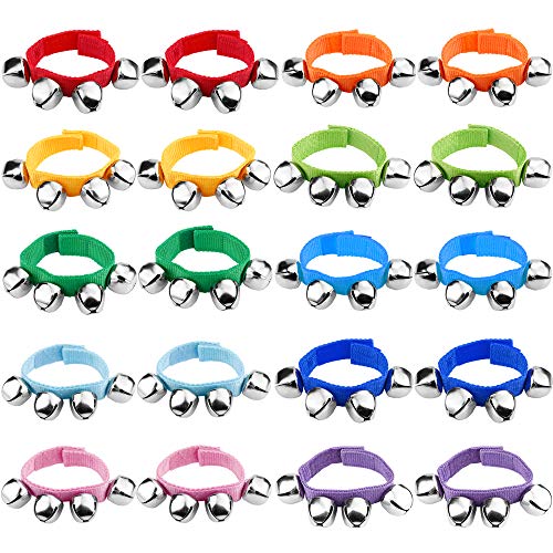 Product Cover Wrist Band Jingle Bells, Aomeiter 20 Pcs Wrist Band Jingle Bells Musical Rhythm Toys,9 Colors,Children's Instruments for School