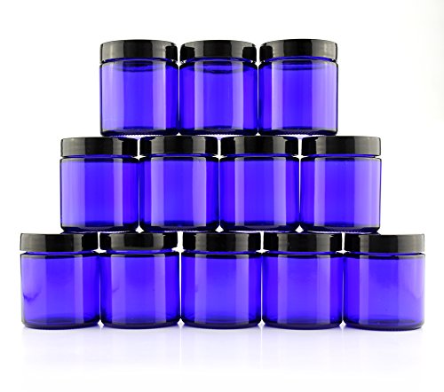 Product Cover 4-Ounce Cobalt Blue Glass Straight Sided Cosmetic Jars (12-Pack); 120 ml. Capacity, BPA-Free Lids