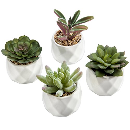 Product Cover MyGift Mini Artificial Succulent Plants in Geometric Ceramic Planter Pots, Set of 4