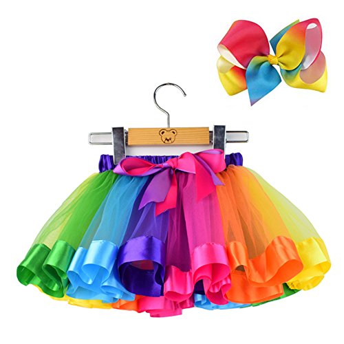 Product Cover BGFKS Layered Ballet Tulle Rainbow Tutu Skirt for Little Girls Dress Up with Colorful Hair Bows (Rainbow, M,2-4 Age)
