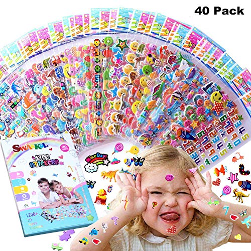 Product Cover Kids Stickers 1200+, 40 Different Sheets, 3D Puffy Stickers for Kids, Bulk Stickers for Girl Boy Birthday Gift, Scrapbooking, Teachers, Toddlers, Including Animals, Stars, Fishes, Hearts and More