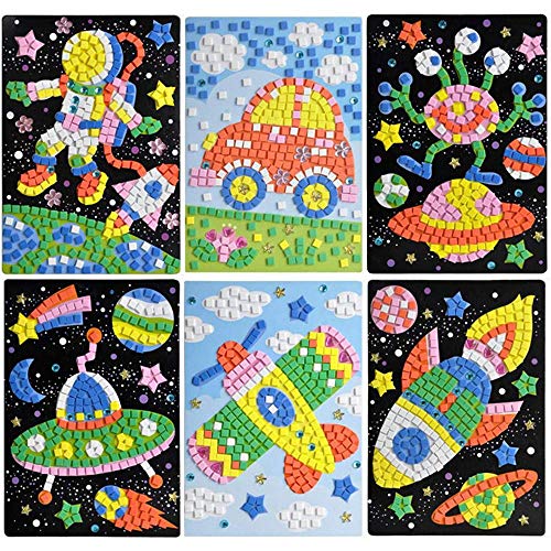 Product Cover Finduat Mosaic Sticker Art Sticky Diy Handmade Art Kits for Kids - Astronaut, Alien, Car, UFO, Spaceship, Airplane (6 Pack)