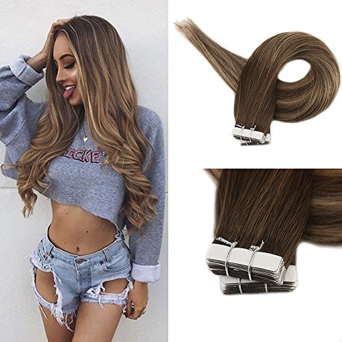 Product Cover Full Shine 20 InchTape In Remy Hair Brazilian Hair Extensions Balayage Color #4 Dark Brown Fading to #24 Light Blonde With #4 Highlighted Seamless Human Hair 20 Pieces 50 Grams Per Pack