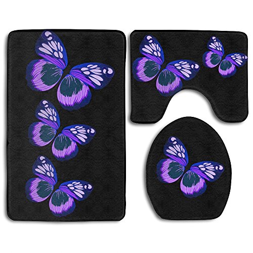 Product Cover FPDragon Purple Butterfly Bathroom 3-Piece Mat Sets Pedestal Mat+Lid Toilet Cover+Bath Mat Doormat Non-slip Rug