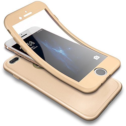 Product Cover PHEZEN iPhone 7 Plus Case,iPhone 8 Plus Case, Shockproof 360 Degree Full Body Protection Slim Fit Front and Back Matte TPU Silicone Case with Tempered Glass Screen Protector, Gold