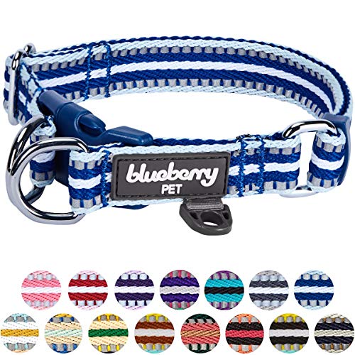 Product Cover Blueberry Pet 15 Colors 3M Reflective Multi-Colored Stripe Adjustable Dog Collar, Blue and White, Medium, Neck 14.5