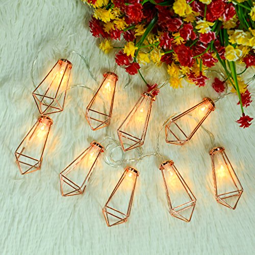 Product Cover Omika 20 LED Rose Gold Geometric Fairy Lights - USB & Battery Powered, Boho Metal Cage Bedroom String Lights for Wedding Decorations Party Indoor Patio Camping Wall Decor, 10 Ft/3m