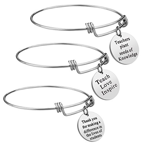 Product Cover Teacher Appreciation Gift Idea - 3PCS Stainless Steel Expendable Inspirational Bangle Bracelet Set, Best Teacher Jewelry, Thank You Gifts for Women, Christmas Birthday