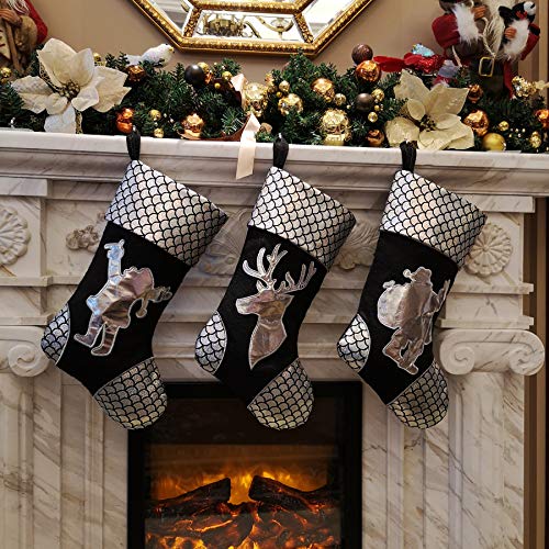 Product Cover WEWILL 18 '' Silver Traditional Classic Christmas Stockings Set of 3, Classic Decoration for Home Santa, Snowman, Reindeer