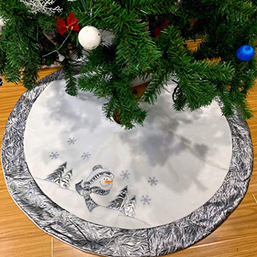 Product Cover WEWILL 48'' Large Luxury Silvery Christmas Tree Skirt with Satin Border Embroidered Snowman Snowflake Xmas Holiday Tree Mat Party Supplies