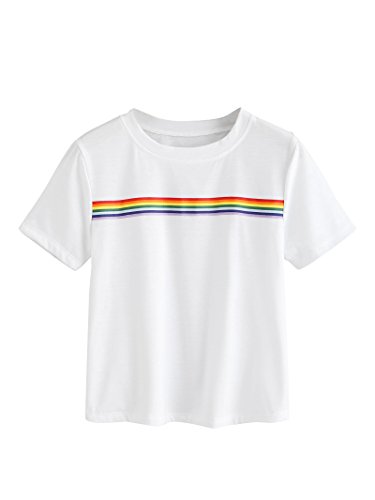 Product Cover ROMWE Women's Summer Rainbow Color Block Striped Crop Top School Girl Teen Tshirts
