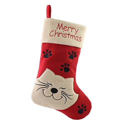 Product Cover WEWILL 18'' Cat Felt Christmas Stockings Paws Embroidered for Pets Red Xmas Stocking Gift Bag Cuff Lovely Home Holiday Decoration ... (Style 2)