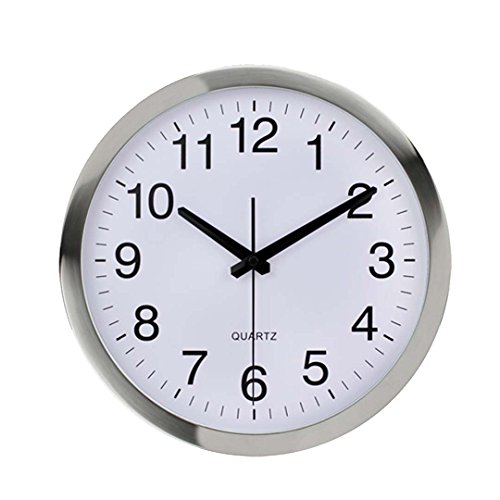 Product Cover Wall Clock Metal Frame Glass Cover Non-Ticking Number Quartz Wall Clock 12inch Modern Quartz Design Decorative Indoor/Kitchen Silver