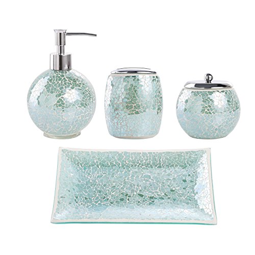 Product Cover Whole Housewares Bathroom Accessories Set, 4-Piece Glass Mosaic Bath Accessory Completes with Lotion Dispenser/Soap Pump, Cotton Jar, Vanity Tray, Toothbrush Holder (Turquoise)