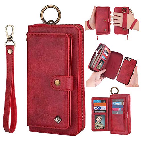 Product Cover iPhone 7 Plus Wallet Case - JAZ Zipper Purse Detachable Magnetic14 Card Slots Card Slots Money Pocket Clutch Leather Wallet Case for iPhone 8 Plus/iPhone 7 Plus Red