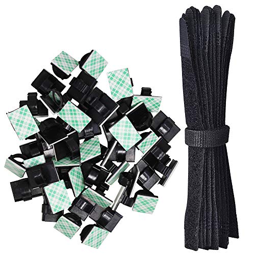 Product Cover DanziX 50 Piece Adhesive Cable Wire Clips Holder Wire Buckle Management Clamps + 50 Piece Reusable Fastening Wire Strap Organizer Cable Tie Cord Rope Holder 7 Inch for Car, Office and Home (Black)