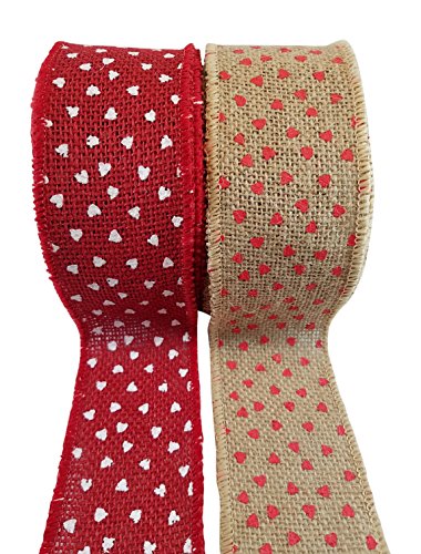 Product Cover Heart Printed Burlap Ribbon with Wired Edge - Red Hearts on Natural and White Hearts on Red - 2 Rolls, Each 2.5