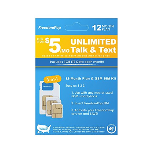 Product Cover FreedomPop Less than $5/month, 12-Month Prepaid Plan - 3-in-1 LTE SIM Kit  - Unlimited Talk, Text, & 1GB Data