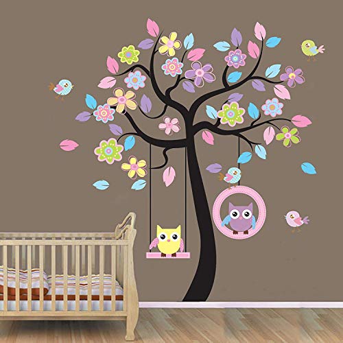 Product Cover Owl Decor Animal Tree Wall Decal Removable Jungle Owl Wall Decor Sticker Vinyl Wall Art Mural Wallpaper for Kids Room Decor (78AB)
