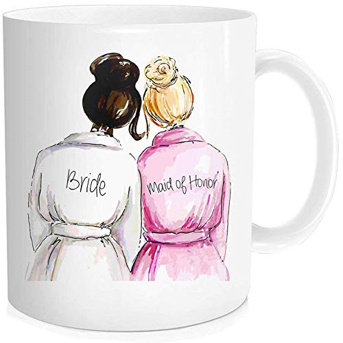 Product Cover Waldeal 1 Piece, Maid Of Honor with Bride Best Friend Gifts. Wedding Bachelorette Party Coffee Mug, Valentines Day Gifts,11-OZ Fine Bone China Ceramic White