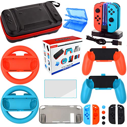 Product Cover Accessories Kit for Nintendo Switch Games Bundle Wheel Grip Caps Carrying Case Screen Protector Controller Charger (17 In 1)