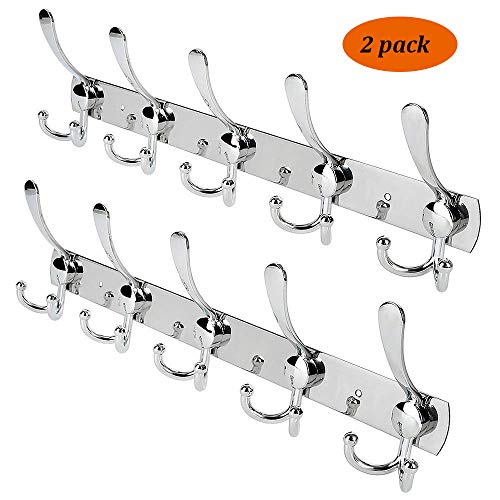 Product Cover JOSHNESE Wall Mount Coat Hooks,5 Tri Hooks Heavy Duty Stainless Steel Hook Rail for Coat Hat Towel Robes Mudroom Bathroom Entryway（2 Pack,Silver
