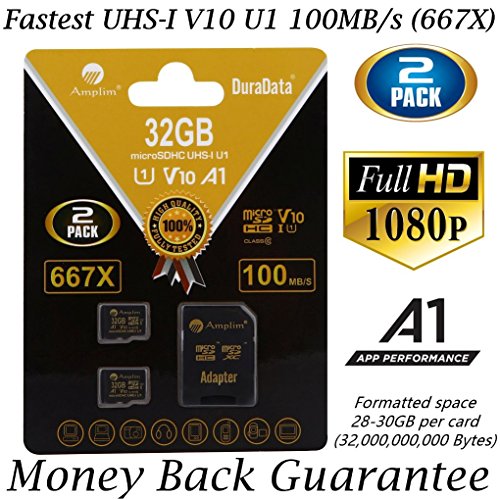 Product Cover 2 Pack 32GB Micro SD SDHC Memory Card Plus Adapter (Class 10 U1 UHS-I V10 A1 Pro MicroSD HC) Amplim 2X 32 GB Ultra High Speed 667X 100MB/s UHS-1. Cell Phone, Tablet, Camera TF MicroSDHC Flash