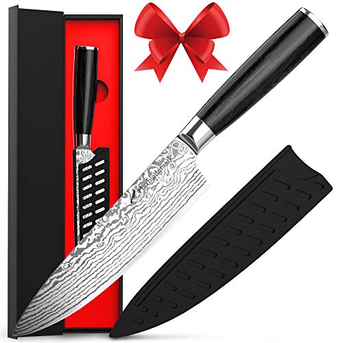 Product Cover Chef Knife - Maxblademark Pro Kitchen Knife 8 Inch Chef's Knives, German High Carbon Stainless Steel Knife with Damascus Pattern, Ergonomic Handle, Ultra Sharp, Knife Sheath and Stylish Package