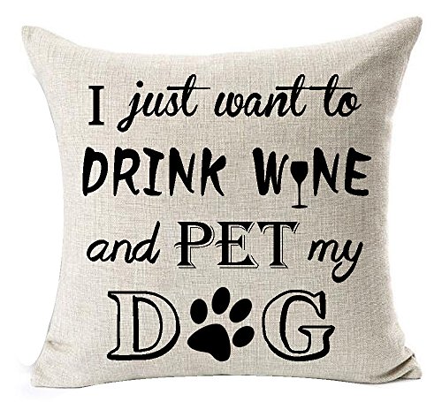 Product Cover Best Dog Lover Gifts Nordic Sweet Funny Sayings I Just Want to Drink Wine and Pet My Dog Paw Prints Cotton Linen Throw Pillow Case Cushion Cover New Home Decorative Square 18 Inches